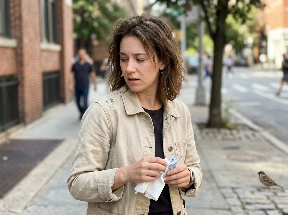 Bird dropping on a person’s left shoulder with a paper towel ready to clean it