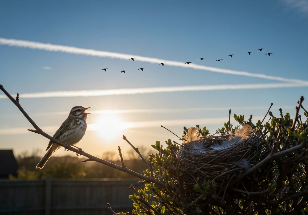 Dawn garden scene with a singing bird on a branch, a flock flying past, and nesting twigs in view.