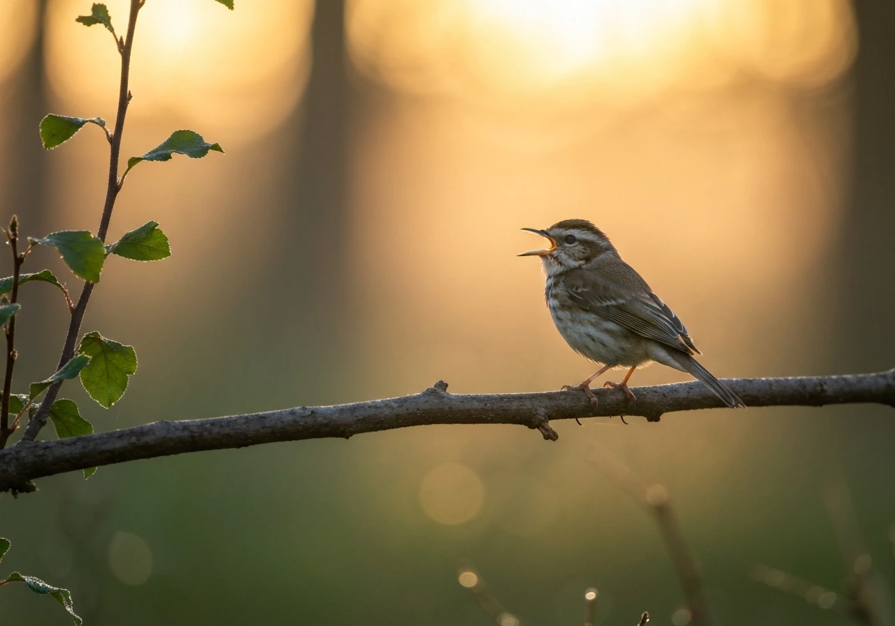 Small songbird perched on a branch, beak open mid-call in golden dawn light with misty forest background.