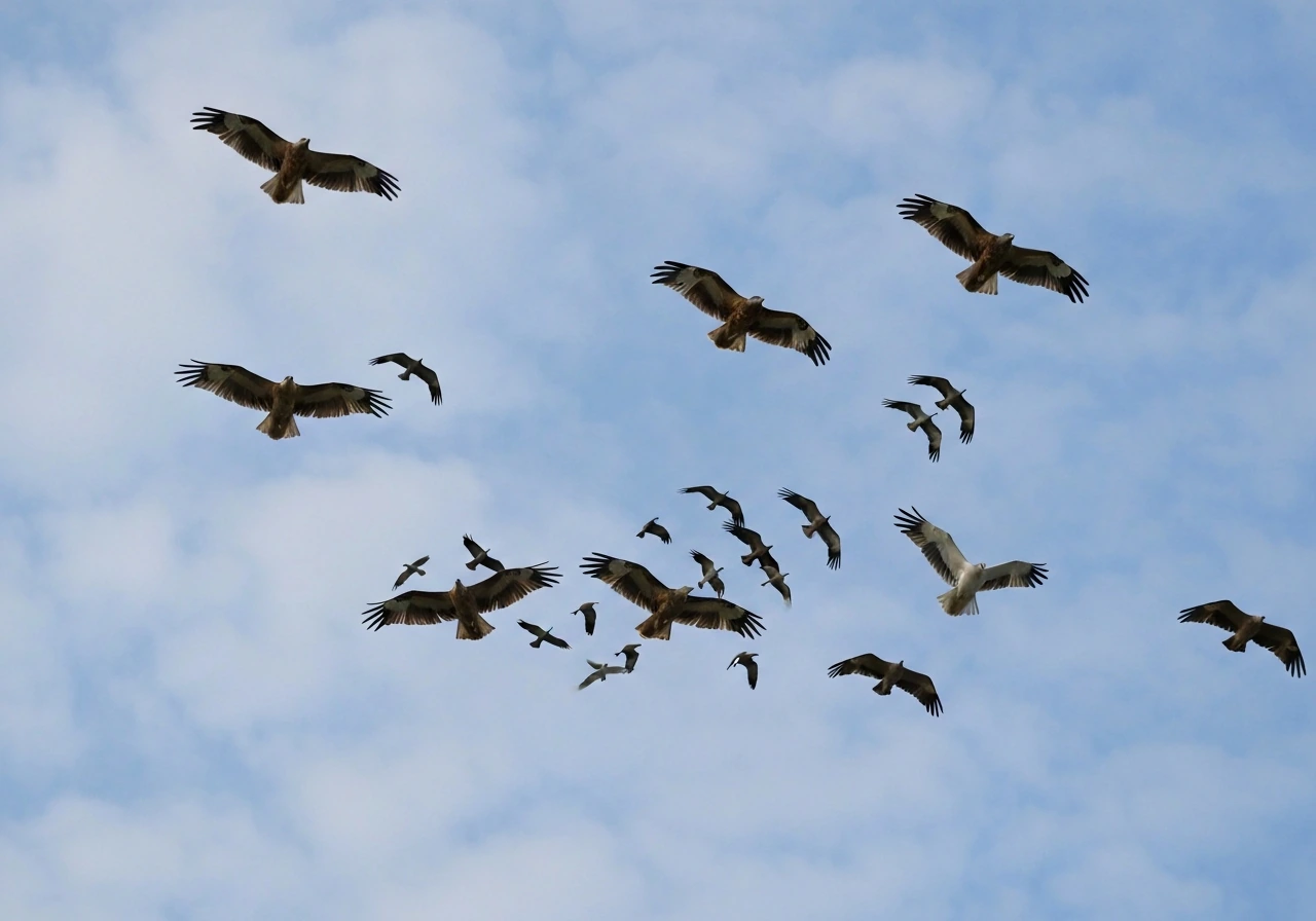 Raptors circling high overhead while smaller birds mob them against a pale blue sky.