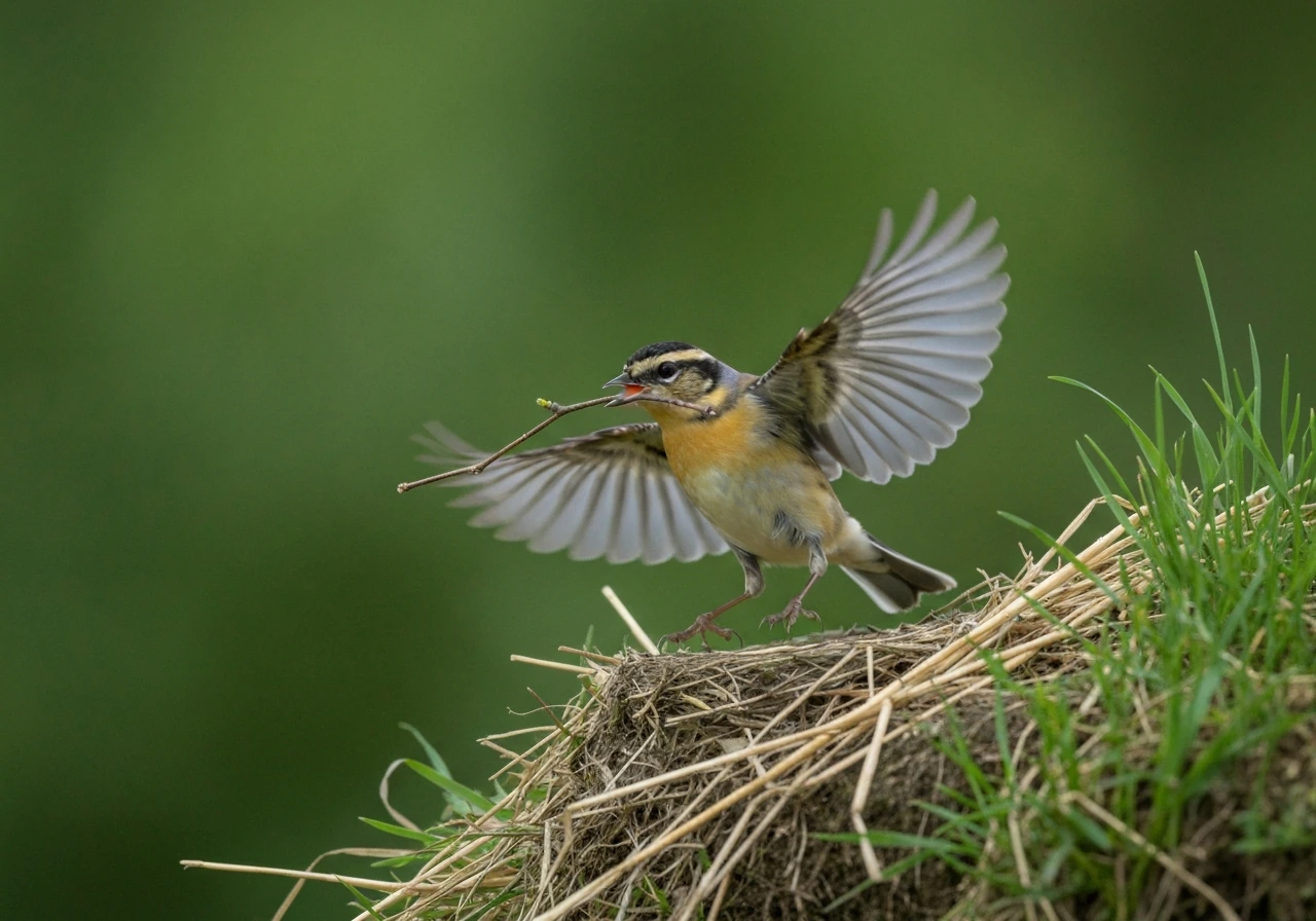 Small bird carrying a twig to a nest site on a grassy ledge
