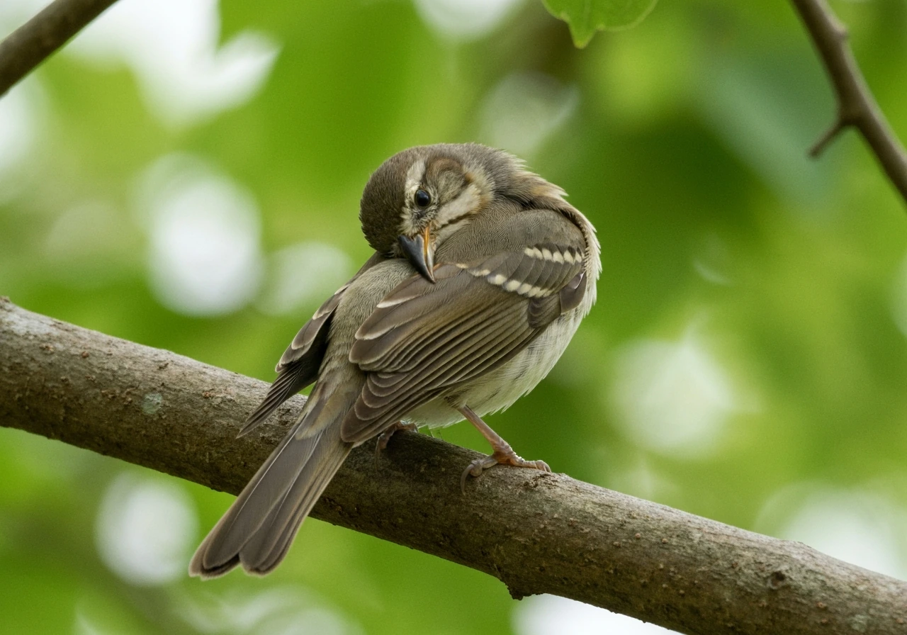 Small bird preening its feathers on a branch, beak gently grooming plumage in natural light.