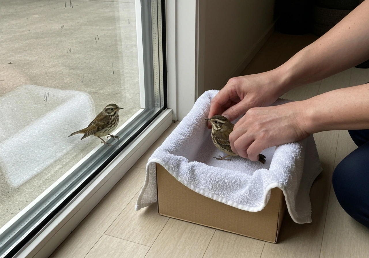 A small bird gently covered with a towel near a window, handled safely after a window strike.
