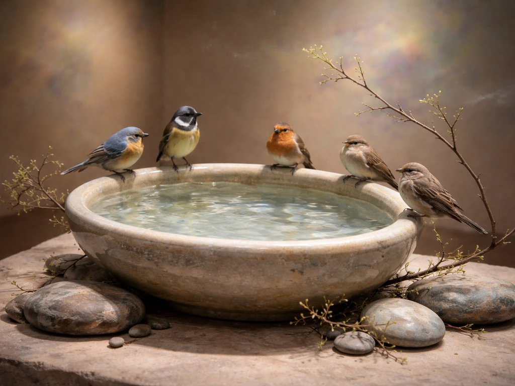 Surreal museum scene with a ceramic bird bath, rippling water, and small birds with subtle metamorphosis cues