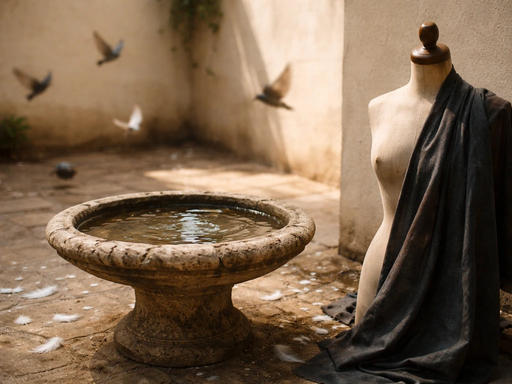 Antique bird bath in a quiet courtyard with feathers and a mannequin torso beside it, surreal mood.