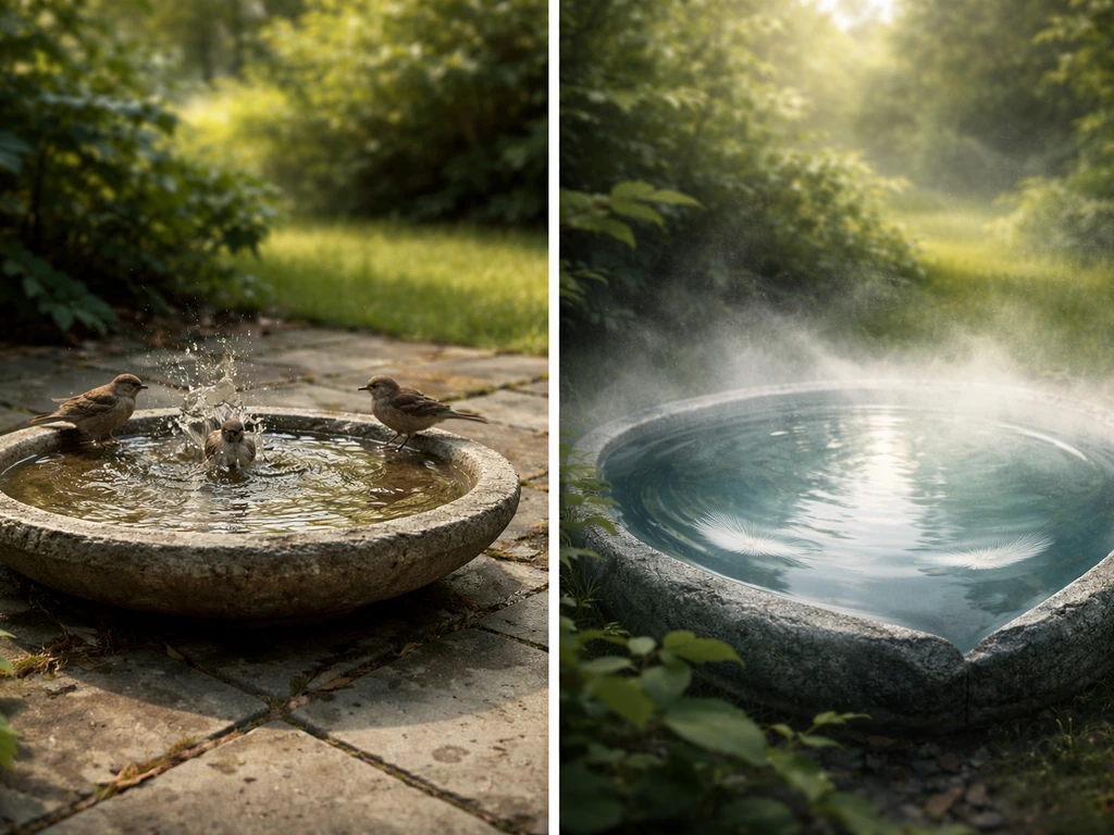 Small birds bathing in a backyard bird bath next to a subtle surreal symbolic bird-bath reflection.