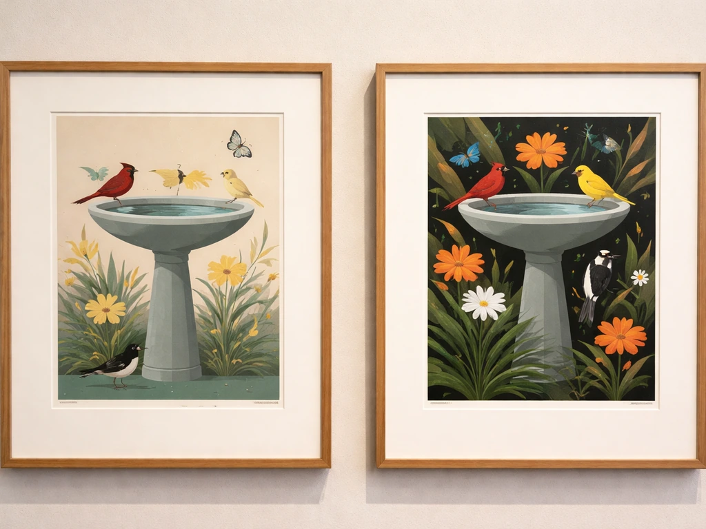 Two framed bird-bath serigraph artworks side by side, contrasting 1974 and 1978 compositions and colors.