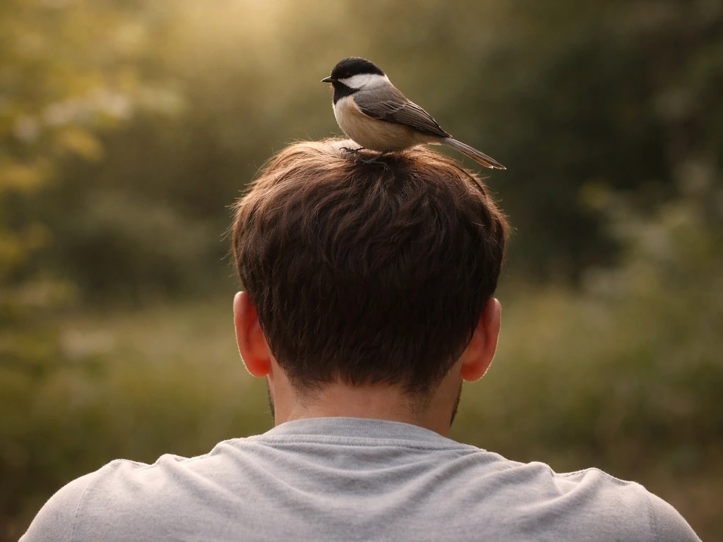 Small bird perched on the top of a person’s head in soft natural light, calm and symbolic mood