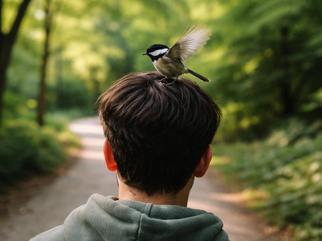 Small bird just landing on top of an adult’s head outdoors in a quiet park.