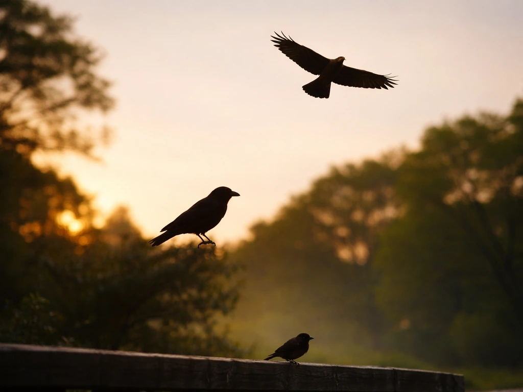 Three small bird silhouettes (sparrow, crow, raptor) in a quiet park scene on a soft sky background.