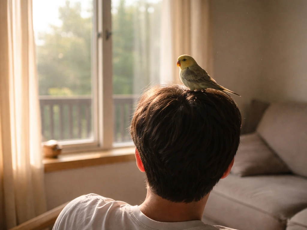 A small bird lands on a person’s head inside a quiet room, lit by natural window light.