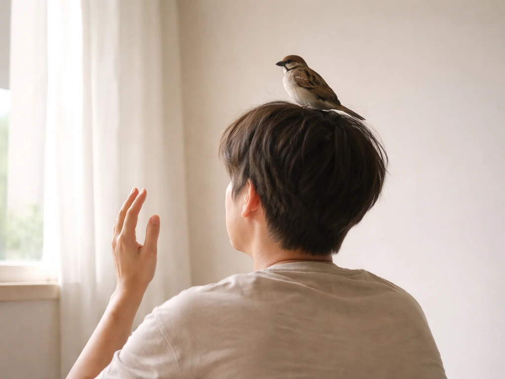 A calm person sitting still while gently guiding a small bird to fly away, indoors near a window