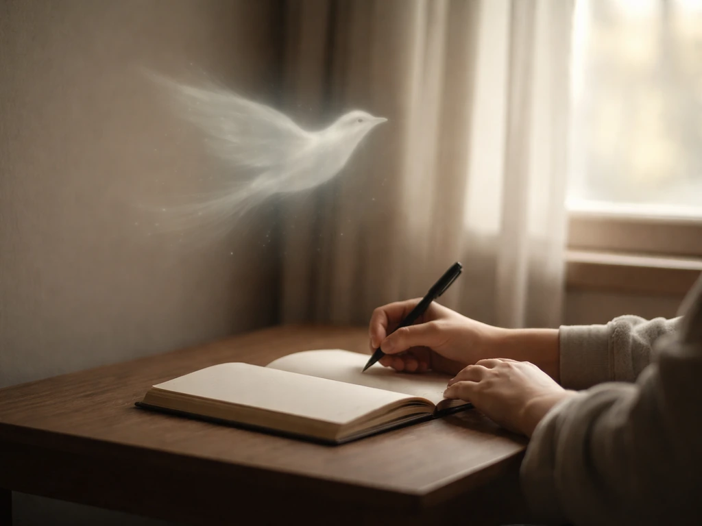 Person journaling with a translucent bird silhouette above an open notebook, dreamlike but realistic.