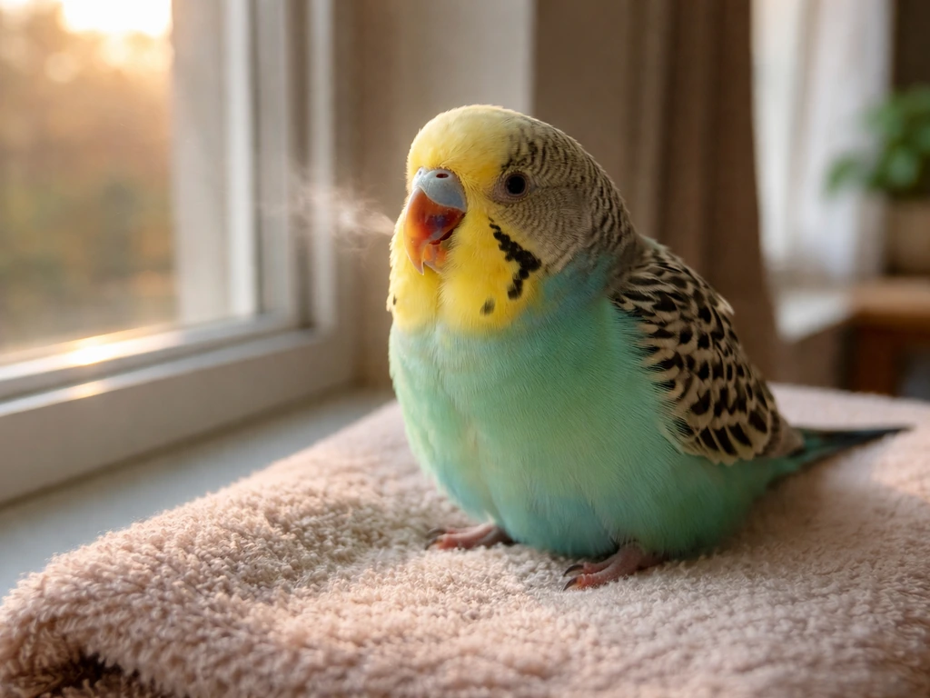 Small bird perched after exercise, beak open and breathing naturally in warm light