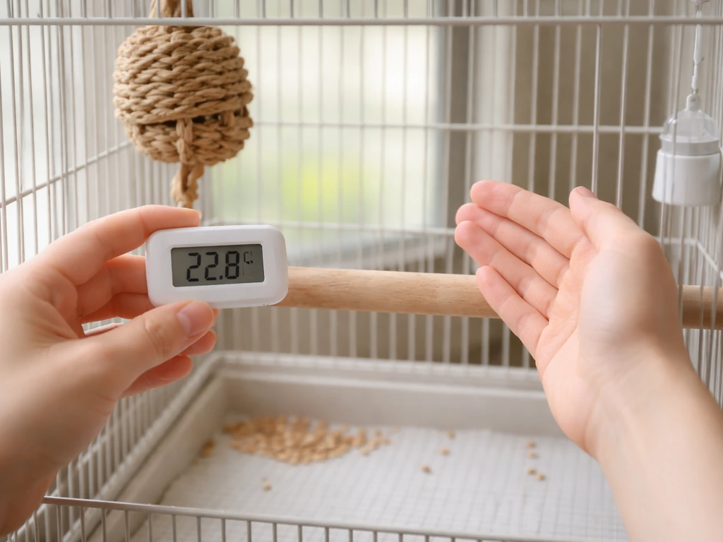 Hand holding a thermometer near a pet bird perch, showing a quick check for temperature and drafts.
