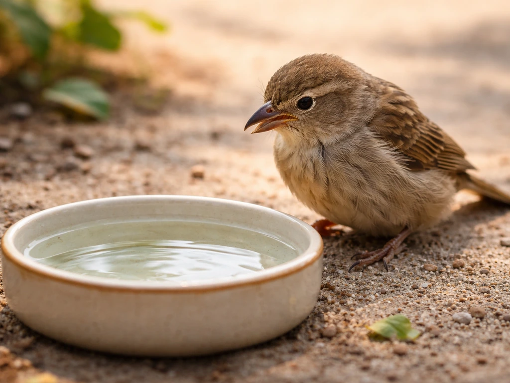 Heat-stressed small bird perched near a shallow bowl of fresh water outdoors, water within easy reach.