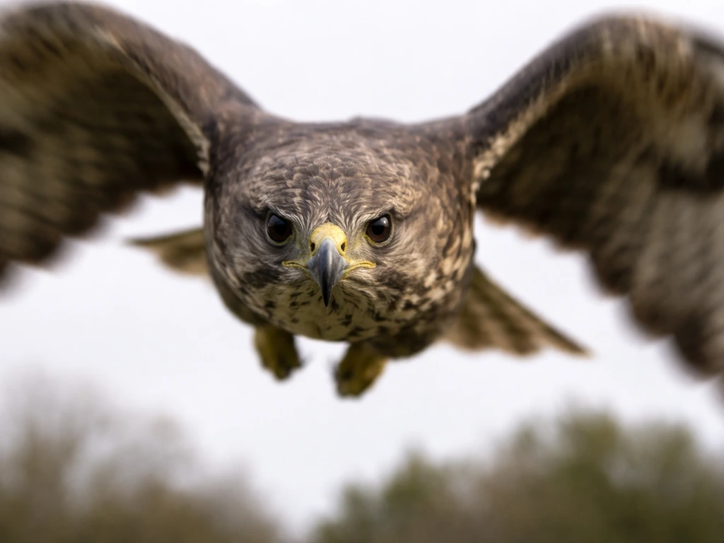 A bird swoops downward toward the camera with wings spread, motion blur, against a simple sky background.