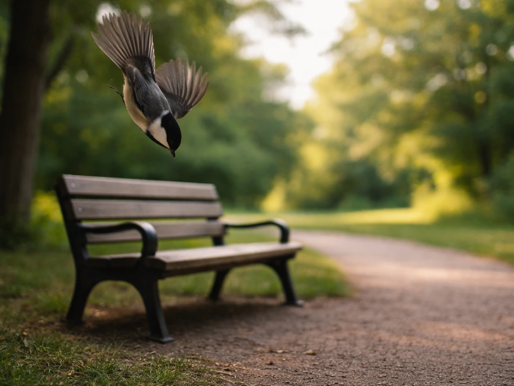 Small bird diving steeply downward toward an empty wooden bench in a quiet park path.