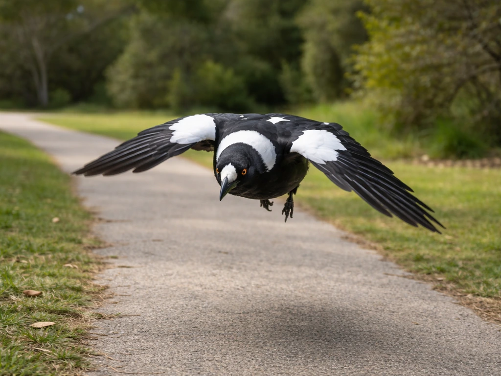 Australian magpie flying low in a nest-defense swoop above a quiet park footpath.