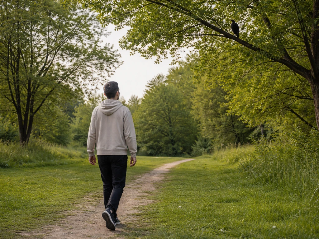 Calm adult walking away from a bird in a park, showing safe distance and no running.