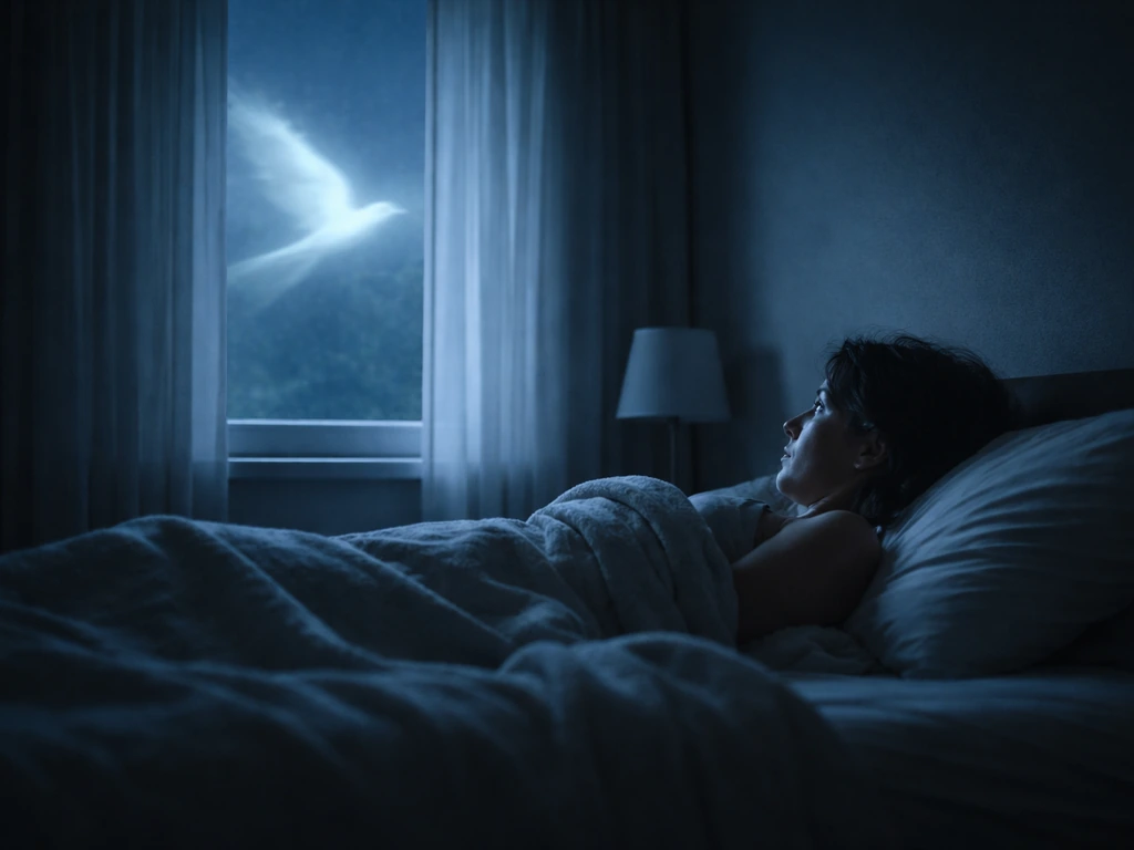 Person half-awake in bed at night, shadowy bird swoop hovering near the window, dreamlike mood.