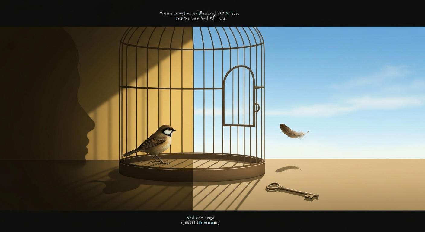 Illustration of a small bird inside a partly open cage with sky beyond, feather drifting toward the opening — symbolizing freedom vs. confinement.