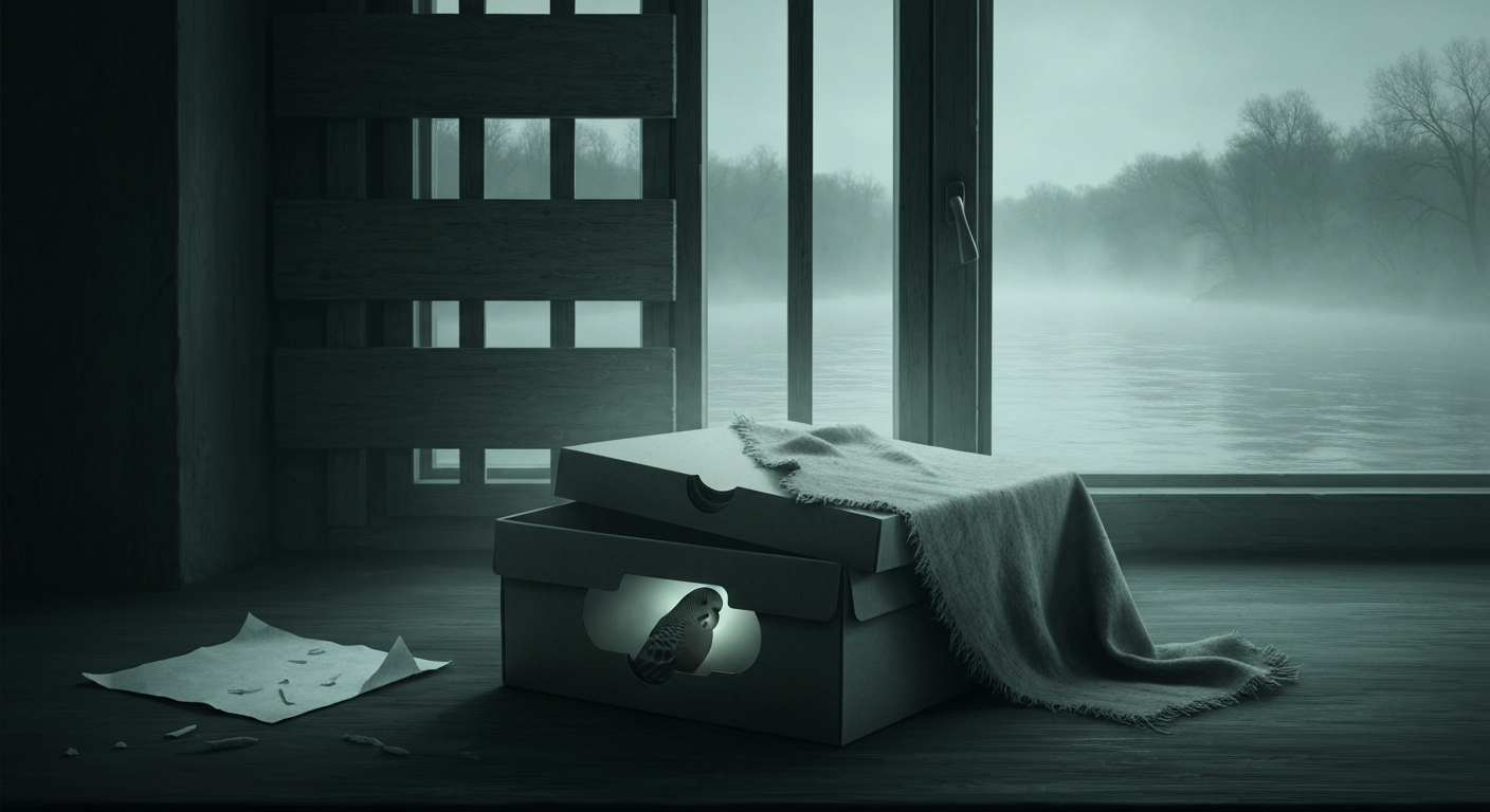 Moody illustration of a covered shoebox with a small bird silhouette inside; boarded window and misty river in the background suggest confinement and journey.