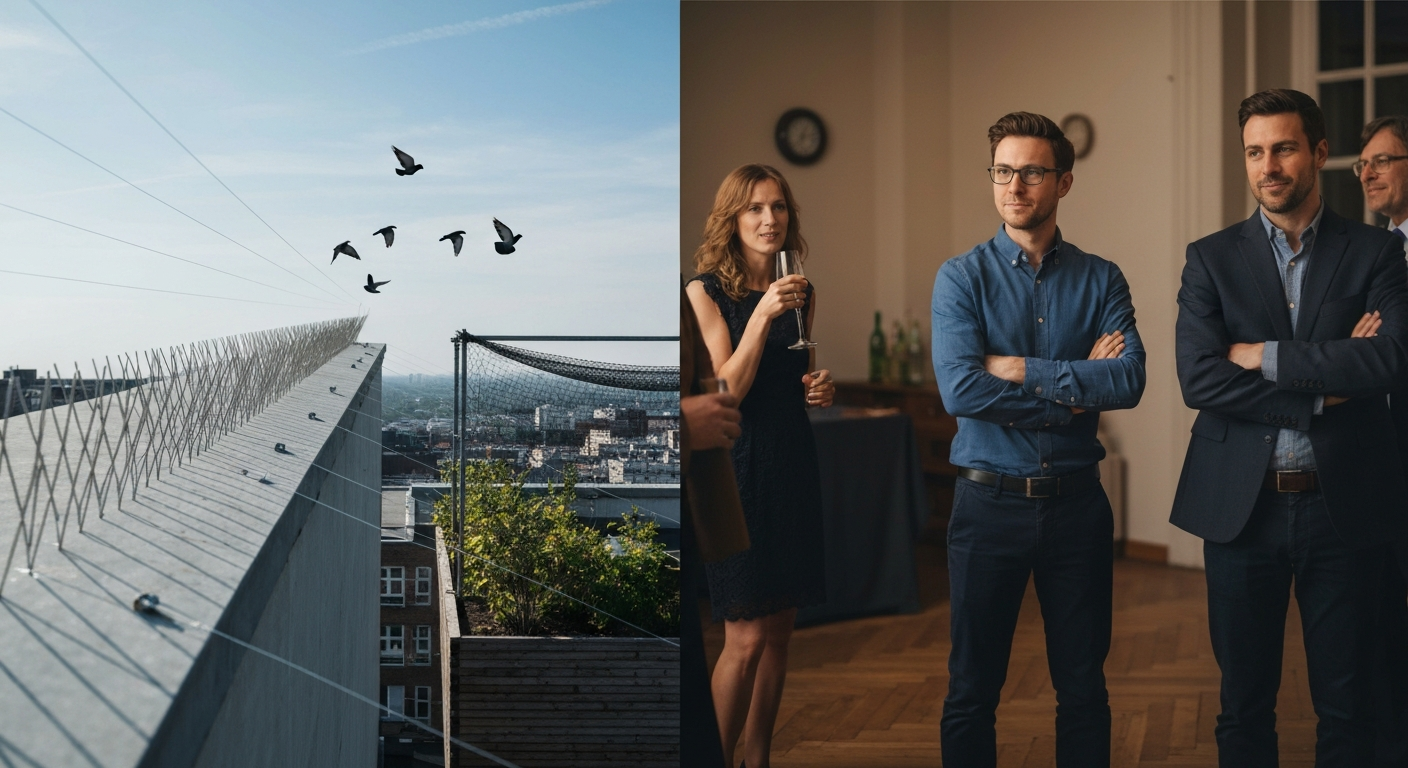 Split image: left shows rooftop bird-control measures (spikes, netting, monofilament) keeping pigeons off surfaces; right shows a social scene where one person’s cold body language causes others to step away, illustrating the literal and figurative meanings of 'bird repellent.'