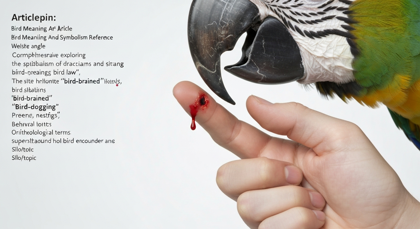 Close-up of a parrot beak puncturing a human finger, showing a small wound.