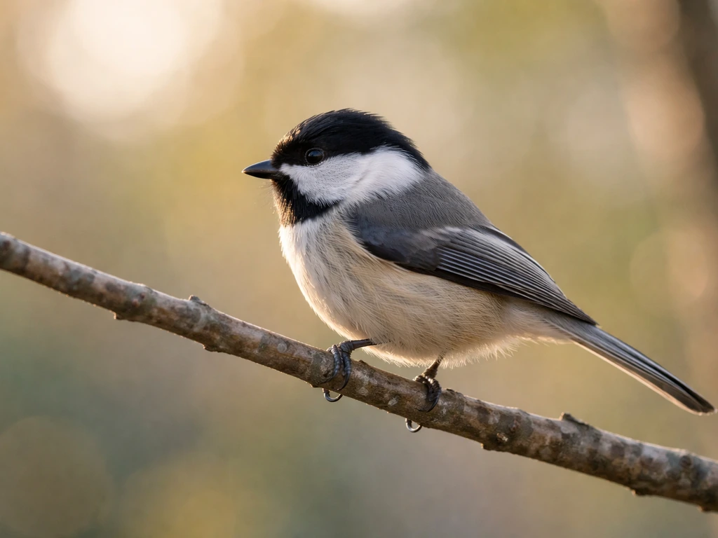 Side-profile view of a small bird perched on a branch in soft morning light.