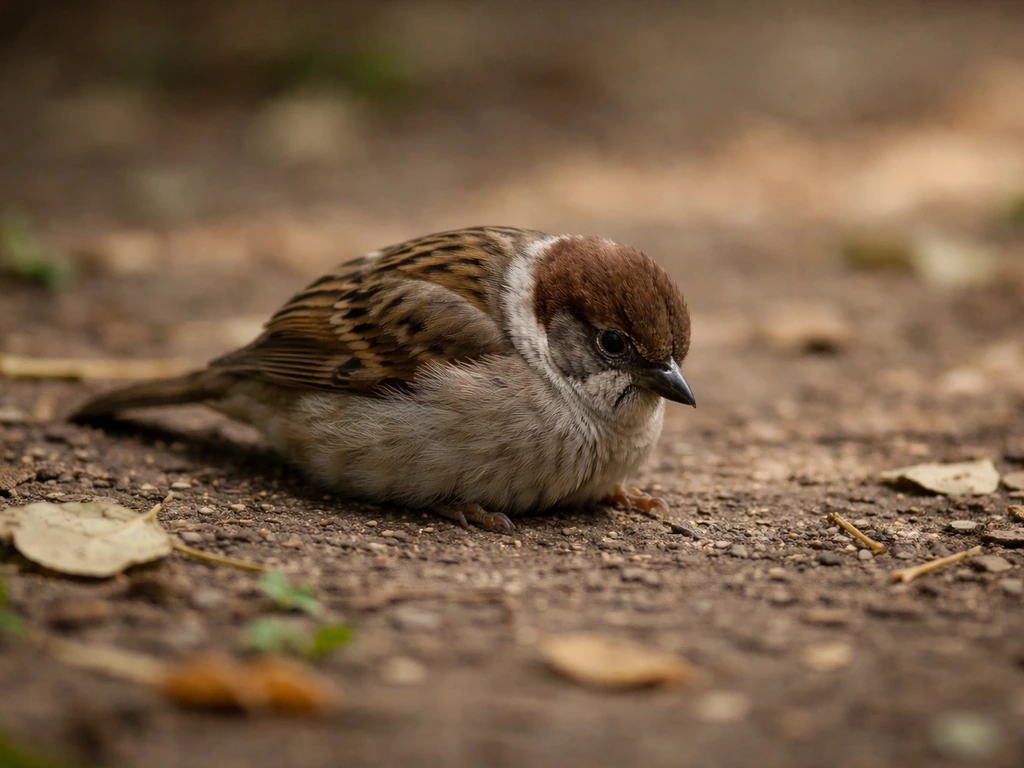 A small bird crouches on the ground in a side-on view, looking still and possibly distressed.