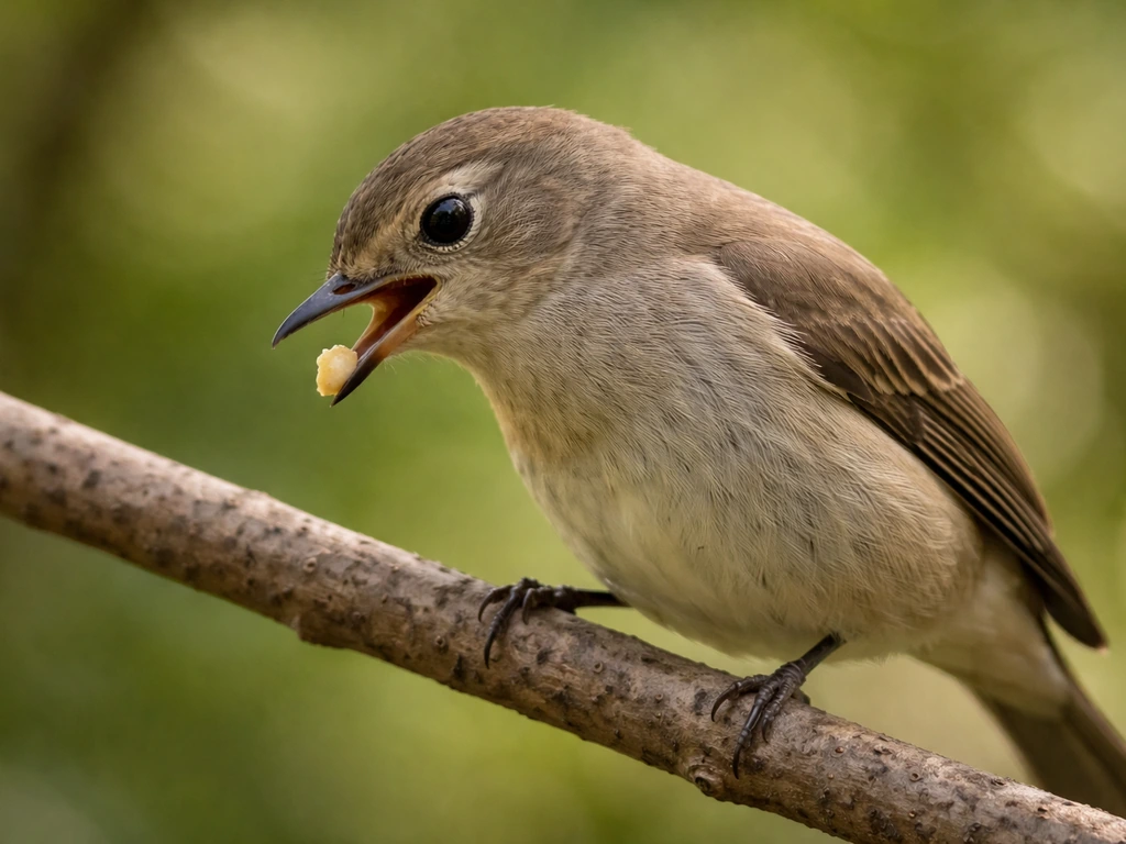 Close-up of a small bird regurgitating food during feeding, captured in a natural, safe moment.
