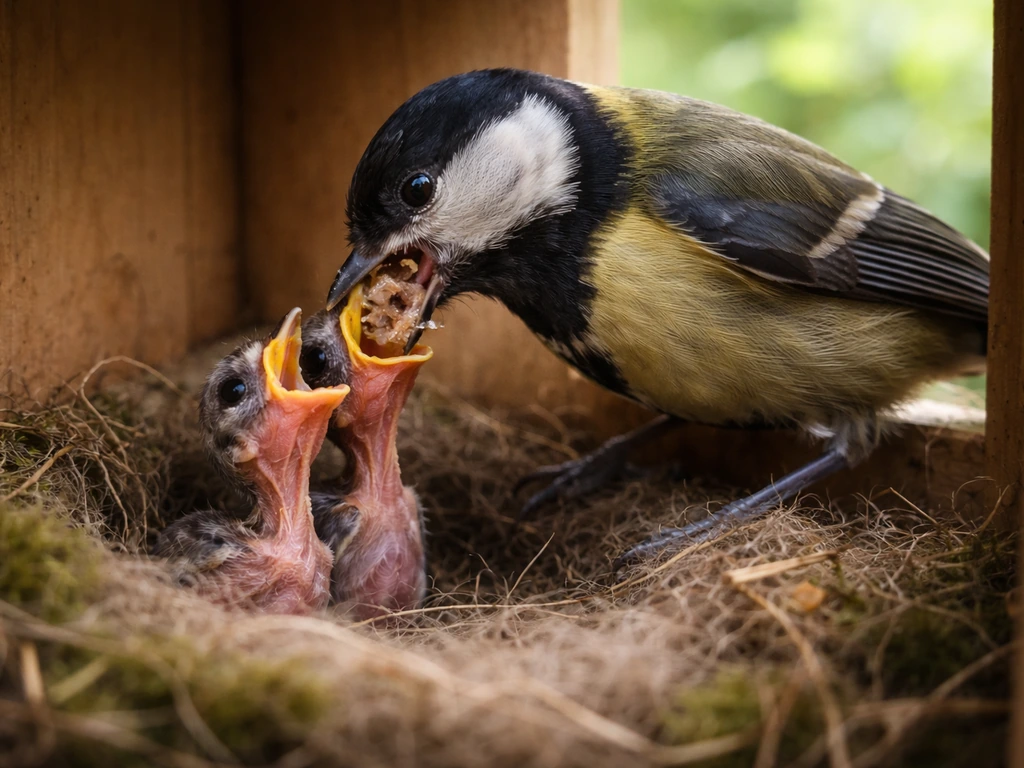 Parent bird in a nest feeding nestlings by regurgitating softened food.