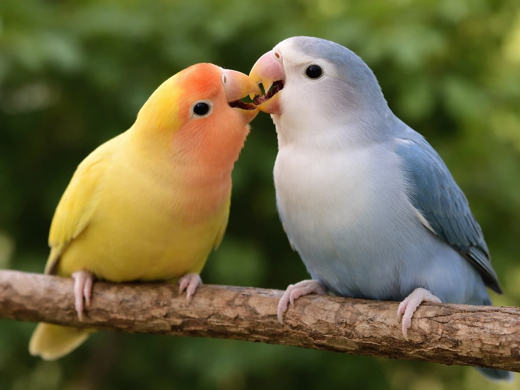 Two parrots perched close as one offers a regurgitated food bolus to the other during courtship feeding.