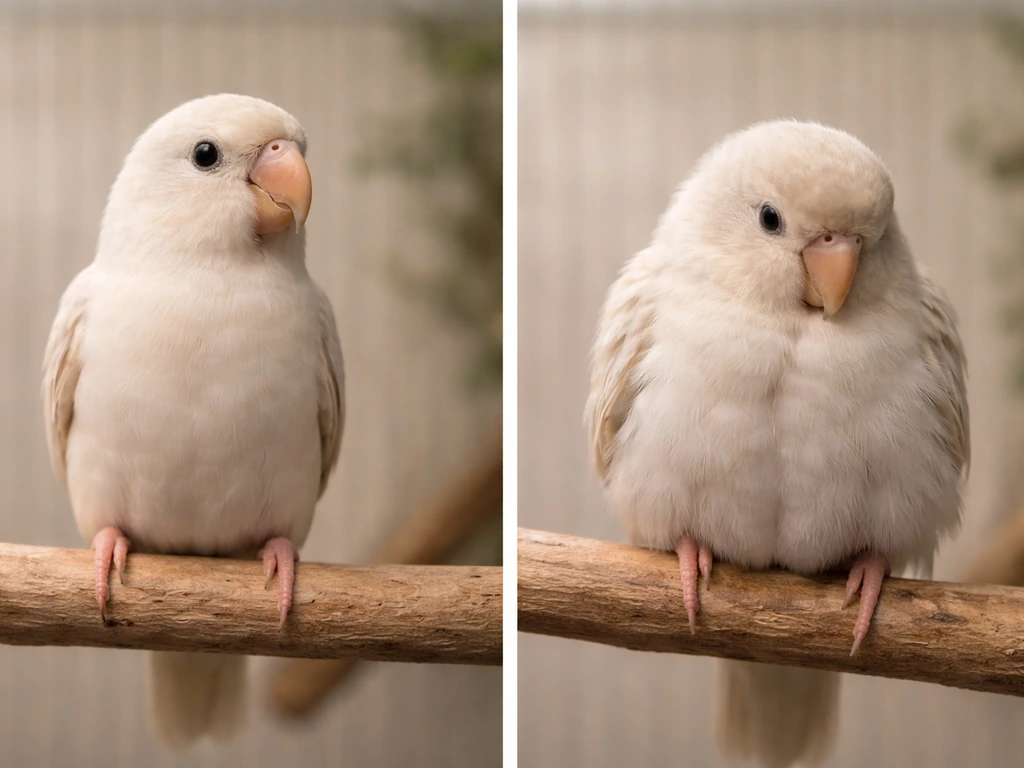 Small pet bird calmly sitting with head-up posture, next to a fluffed, lethargic bird showing distress cues.