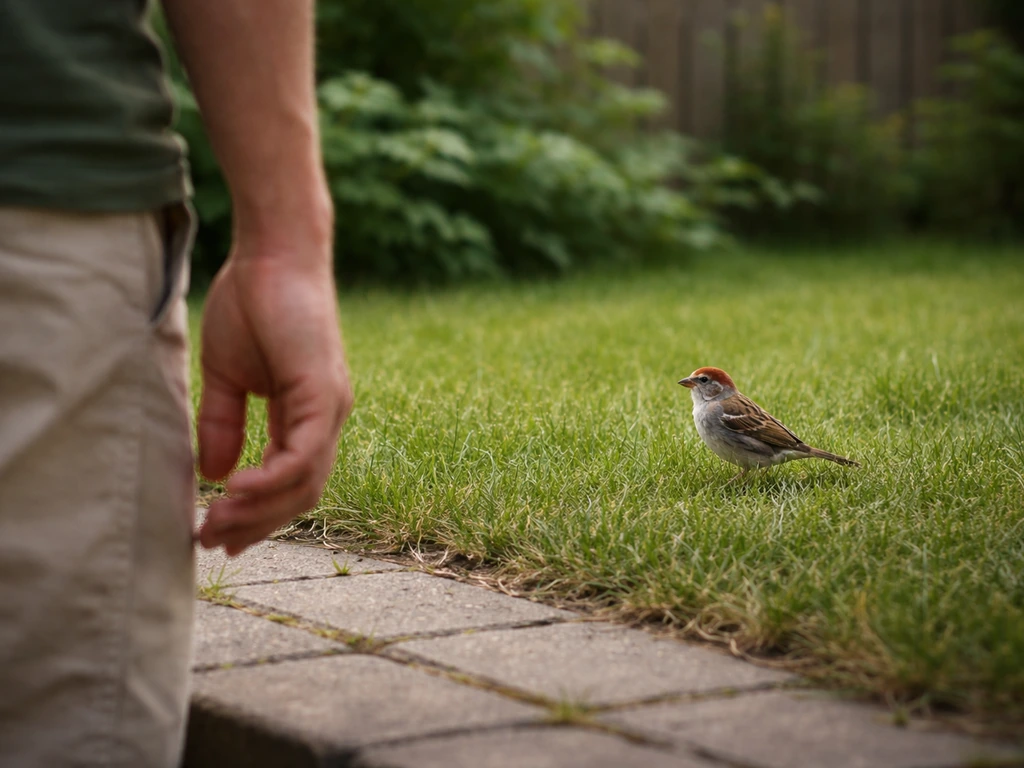 Person in a quiet yard watches a small wild bird on the ground, keeping distance and calm.
