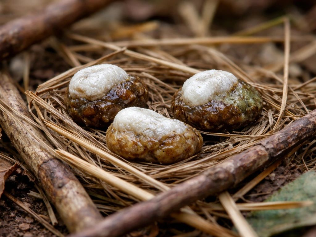 Macro close-up showing small, stylized bird droppings on twigs with brown and white residue textures.