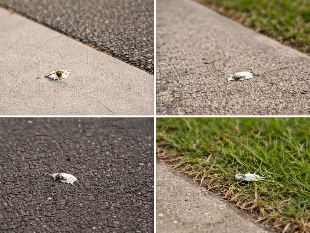 Three bird droppings on concrete and grass showing different sizes and shapes for comparison.