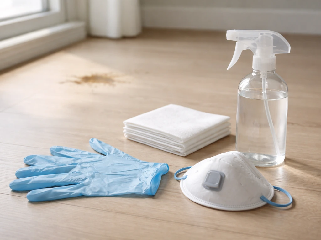 Gloves, mask, disposable towels, and disinfectant spray staged on a simple floor for safe bird droppings cleanup