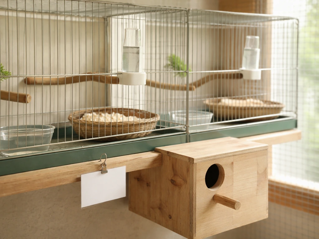 Close view of bird breeding cages and a wooden nest box in an aviary setup.