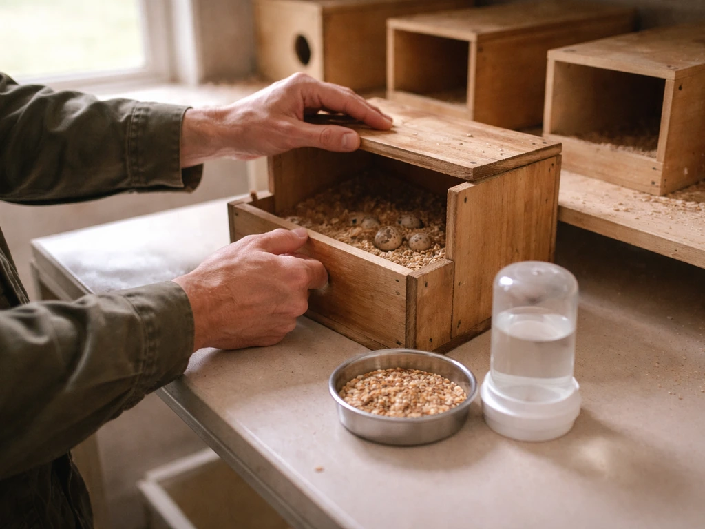 Hands checking a wooden nest box beside fresh water and food in a quiet bird breeding shed