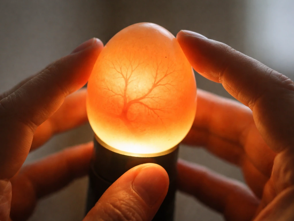 Hands holding an egg up to a small warm light to reveal developing blood vessels