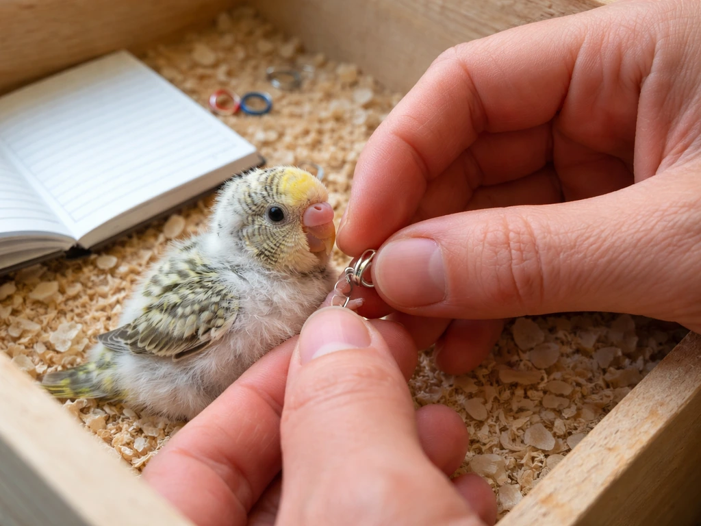 Close-up of hands fitting a closed ring band onto a small budgerigar chick’s leg in a simple breeding setup