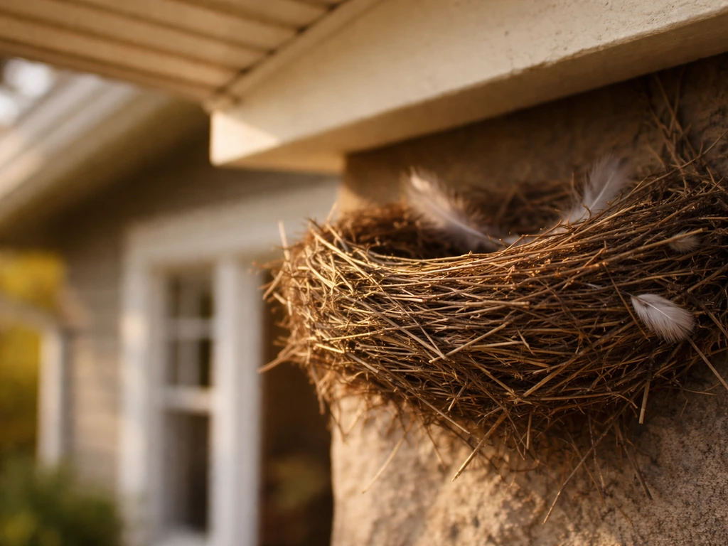 Natural bird nest tucked under a home entry eave, close-up with soft-focused house background.