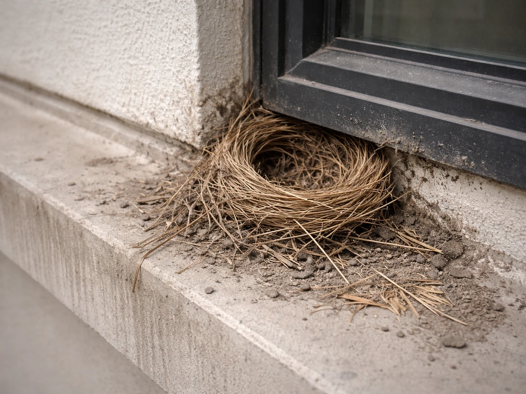 Active bird nest on a building ledge with mud smears and straw remnants nearby.