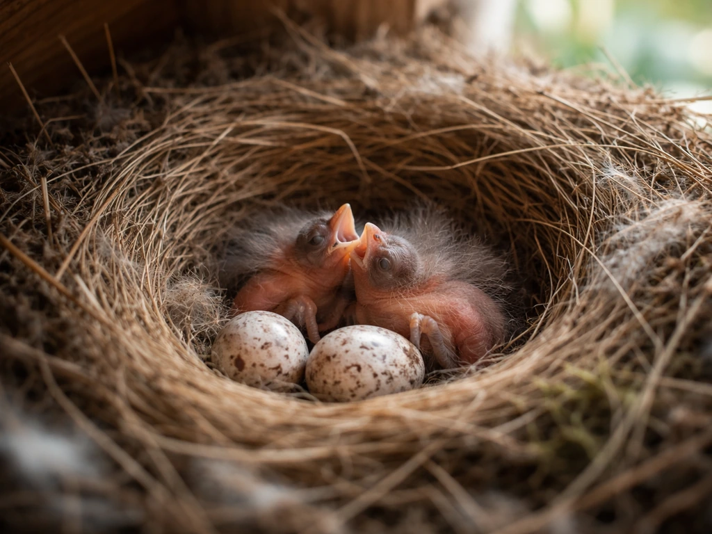 Close view of a small bird nest under eaves with eggs and/or tiny chicks, photographed from a distance.