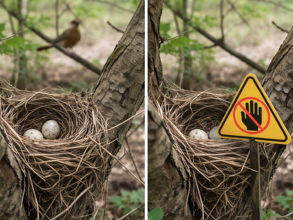 Side-by-side view of a wild bird nest with a clear caution sign implying do-not-touch guidance.