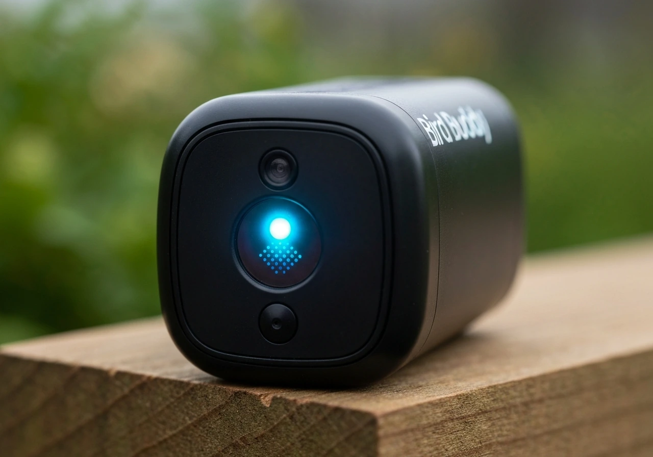 Close-up of a Bird Buddy camera module with a glowing LED status light in a clear color pattern.