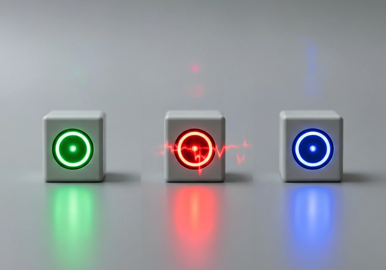 Minimal row of bird feeder LEDs showing solid green, blinking green, solid red, and blinking blue states.