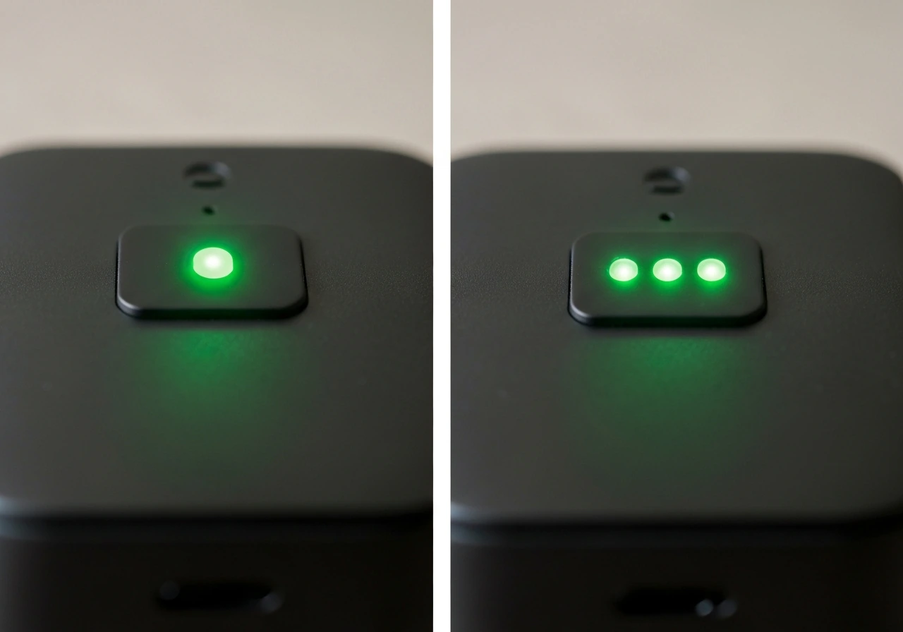 Close-up of a device LED showing steady green and three quick green blinks indicating Wi‑Fi connected.
